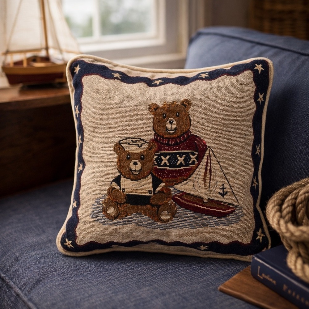 Riverdale VTG Tapestry Pillow Tan Americana Nautical Coastal Teddy Bears 11x11